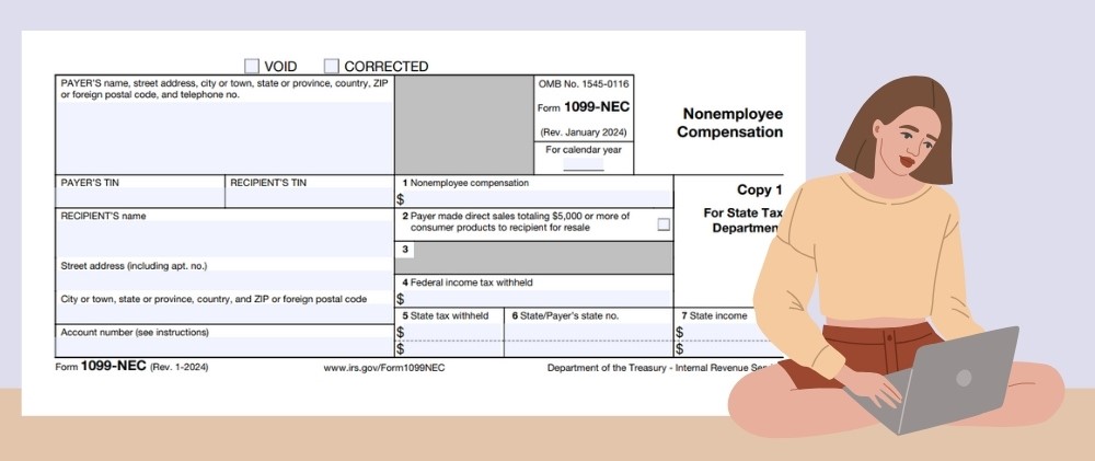 The blank template of Form 1099-NEC and the image of the woman with a laptop